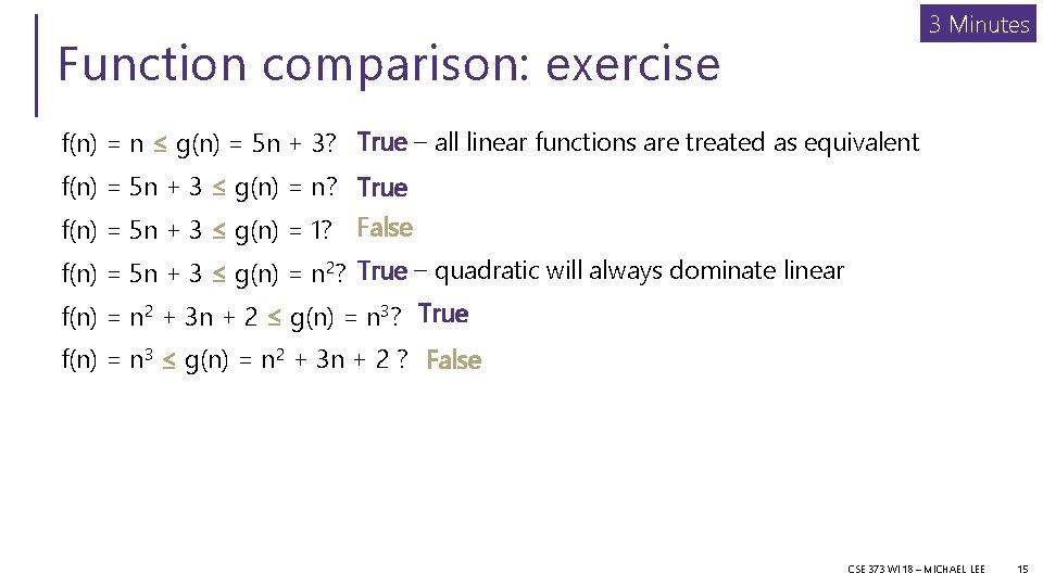 3 Minutes Function comparison: exercise f(n) = n ≤ g(n) = 5 n +
