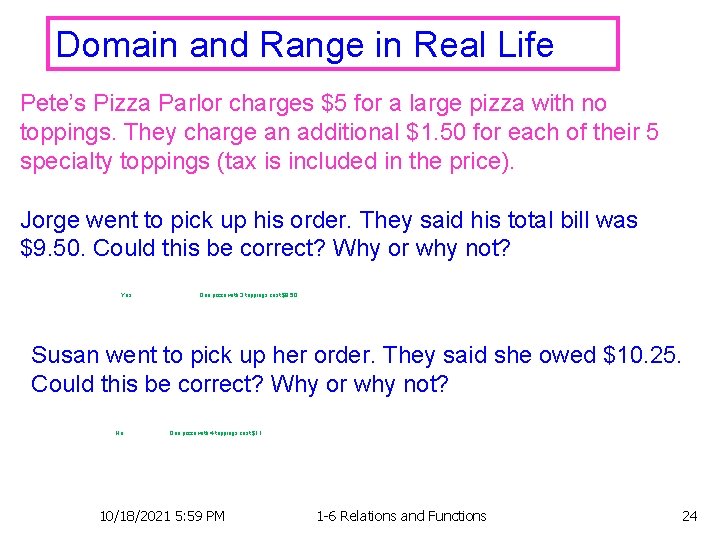 Domain and Range in Real Life Pete’s Pizza Parlor charges $5 for a large