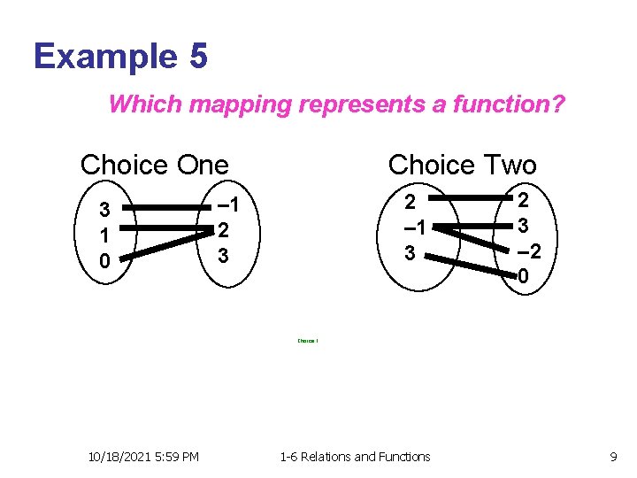 Example 5 Which mapping represents a function? Choice One 3 1 0 Choice Two