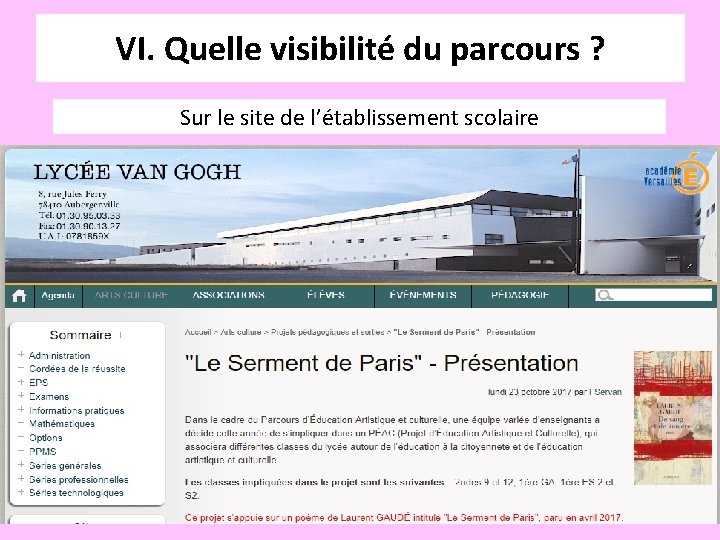 VI. Quelle visibilité du parcours ? Sur le site de l’établissement scolaire 