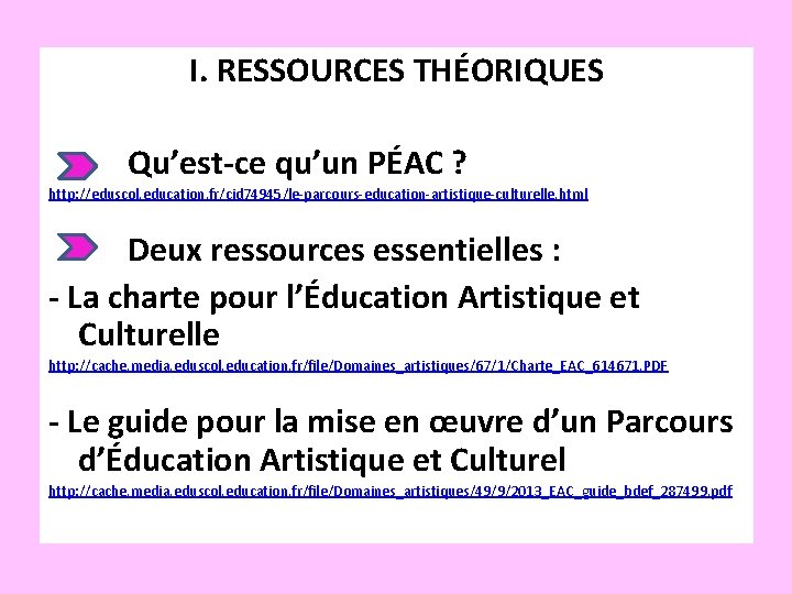 I. RESSOURCES THÉORIQUES Qu’est-ce qu’un PÉAC ? http: //eduscol. education. fr/cid 74945/le-parcours-education-artistique-culturelle. html Deux