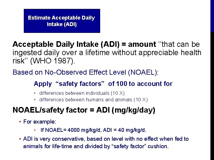 Estimate Acceptable Daily Intake (ADI) = amount ‘‘that can be ingested daily over a