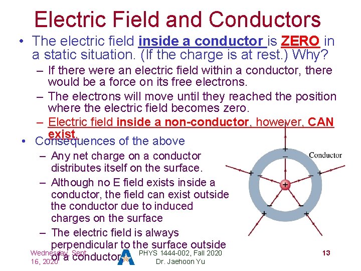 Electric Field and Conductors • The electric field inside a conductor is ZERO in