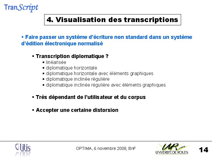 4. Visualisation des transcriptions § Faire passer un système d’écriture non standard dans un