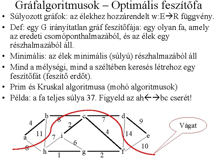 Gráfalgoritmusok – Optimális feszítőfa • Súlyozott gráfok: az élekhez hozzárendelt w: E R függvény.