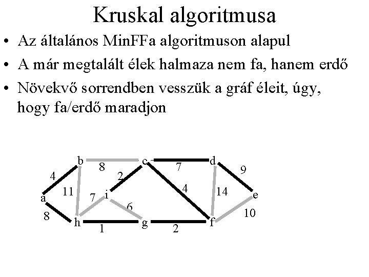Kruskal algoritmusa • Az általános Min. FFa algoritmuson alapul • A már megtalált élek