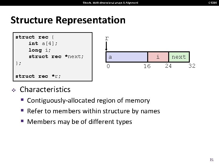 Structs, Multi-dimensional arrays & Alignment CS 295 Structure Representation struct rec { int a[4];
