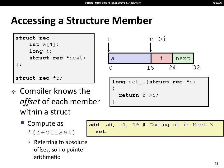 Structs, Multi-dimensional arrays & Alignment CS 295 Accessing a Structure Member struct rec {