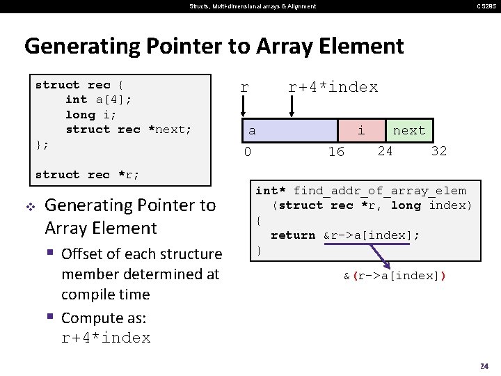 Structs, Multi-dimensional arrays & Alignment CS 295 Generating Pointer to Array Element struct rec