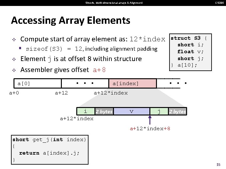 Structs, Multi-dimensional arrays & Alignment CS 295 Accessing Array Elements Compute start of array