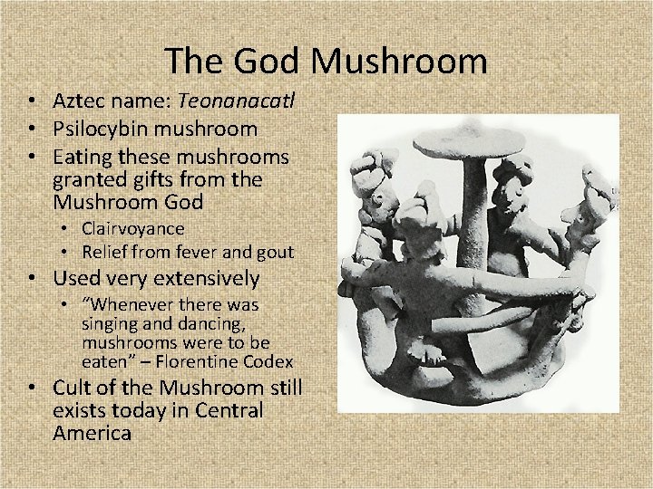 The God Mushroom • Aztec name: Teonanacatl • Psilocybin mushroom • Eating these mushrooms