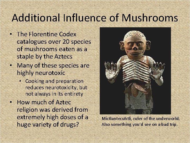 Additional Influence of Mushrooms • The Florentine Codex catalogues over 20 species of mushrooms