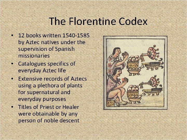 The Florentine Codex • 12 books written 1540 -1585 by Aztec natives under the