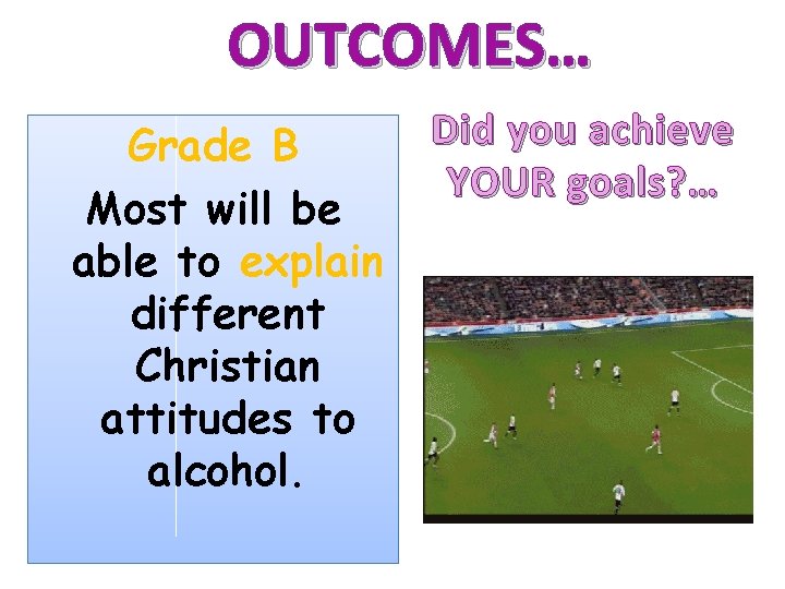 OUTCOMES… Grade B Most will be able to explain different Christian attitudes to alcohol.