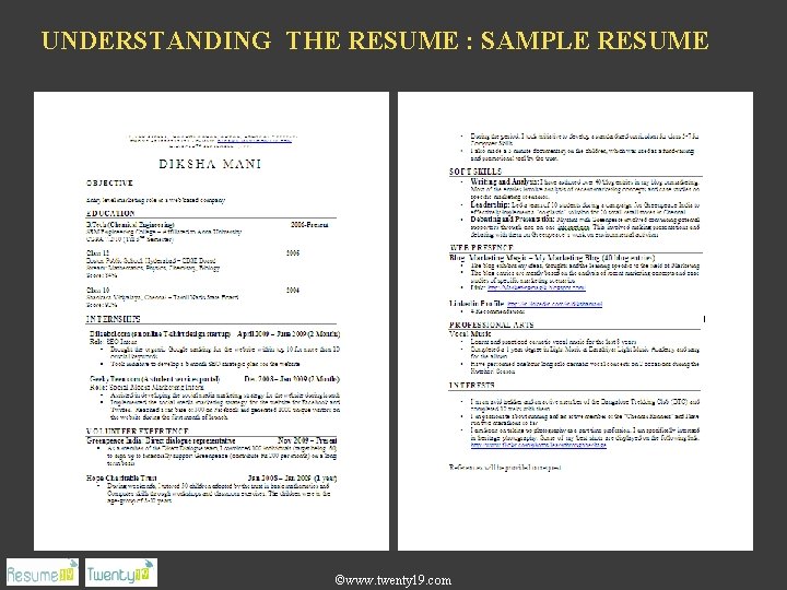 UNDERSTANDING THE RESUME : SAMPLE RESUME ©www. twenty 19. com 