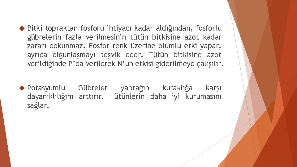  Bitki topraktan fosforu ihtiyacı kadar aldığından, fosforlu gübrelerin fazla verilmesinin tütün bitkisine azot