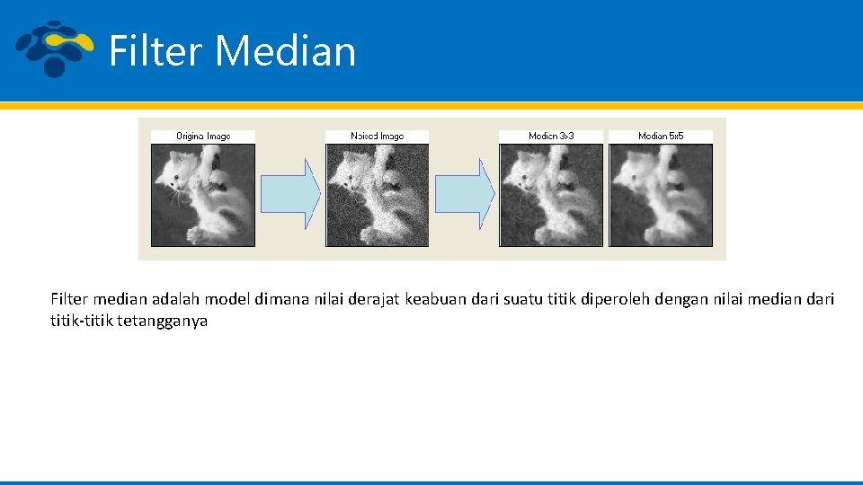 Filter Median Filter median adalah model dimana nilai derajat keabuan dari suatu titik diperoleh