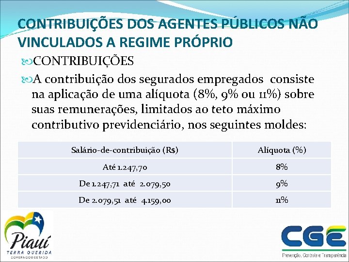 CONTRIBUIÇÕES DOS AGENTES PÚBLICOS NÃO VINCULADOS A REGIME PRÓPRIO CONTRIBUIÇÕES A contribuição dos segurados