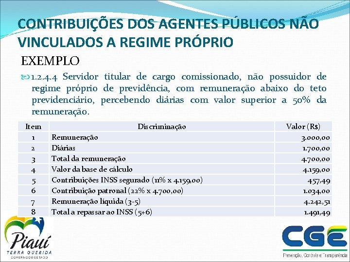 CONTRIBUIÇÕES DOS AGENTES PÚBLICOS NÃO VINCULADOS A REGIME PRÓPRIO EXEMPLO 1. 2. 4. 4