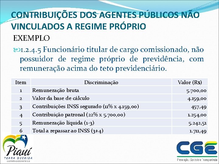 CONTRIBUIÇÕES DOS AGENTES PÚBLICOS NÃO VINCULADOS A REGIME PRÓPRIO EXEMPLO 1. 2. 4. 5