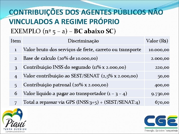 CONTRIBUIÇÕES DOS AGENTES PÚBLICOS NÃO VINCULADOS A REGIME PRÓPRIO EXEMPLO (nº 5 – a)