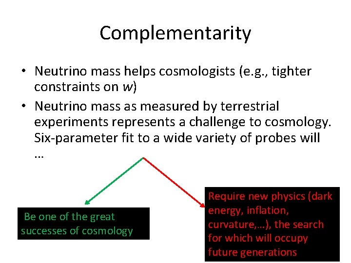 Complementarity • Neutrino mass helps cosmologists (e. g. , tighter constraints on w) •