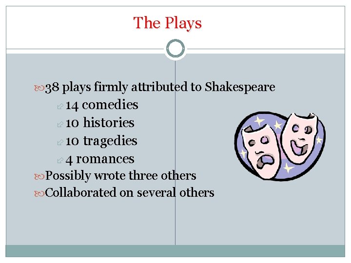 The Plays 38 plays firmly attributed to Shakespeare 14 comedies 10 histories 10 tragedies