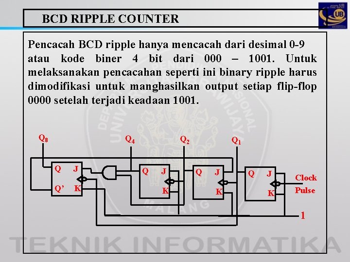 BCD RIPPLE COUNTER Pencacah BCD ripple hanya mencacah dari desimal 0 -9 atau kode