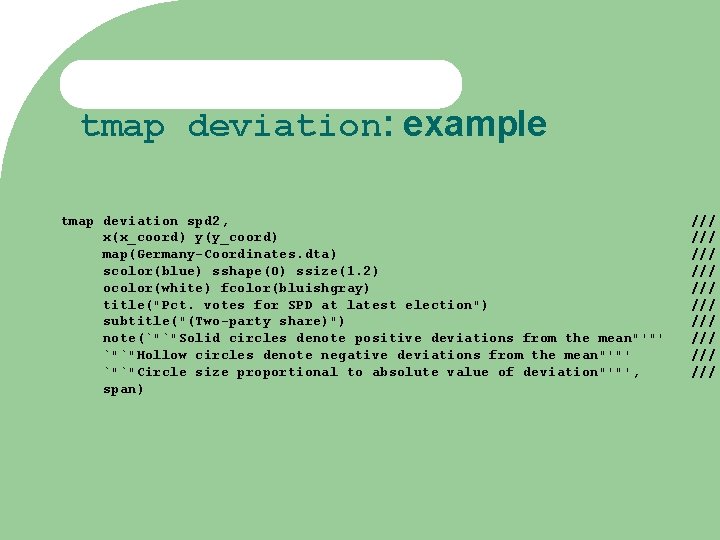 tmap deviation: example tmap deviation spd 2, x(x_coord) y(y_coord) map(Germany-Coordinates. dta) scolor(blue) sshape(O) ssize(1.