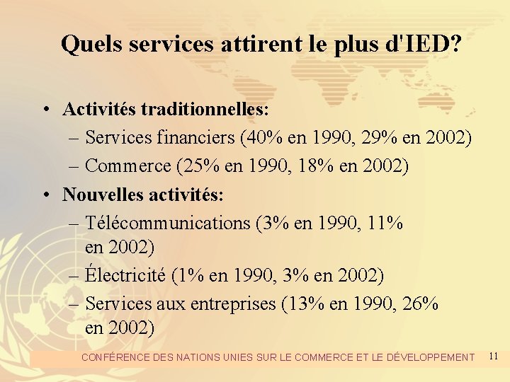 Quels services attirent le plus d'IED? • Activités traditionnelles: – Services financiers (40% en