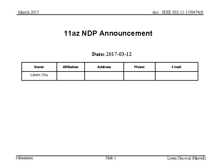 March 2017 doc. : IEEE 802. 11 -17/0474 r 0 11 az NDP Announcement