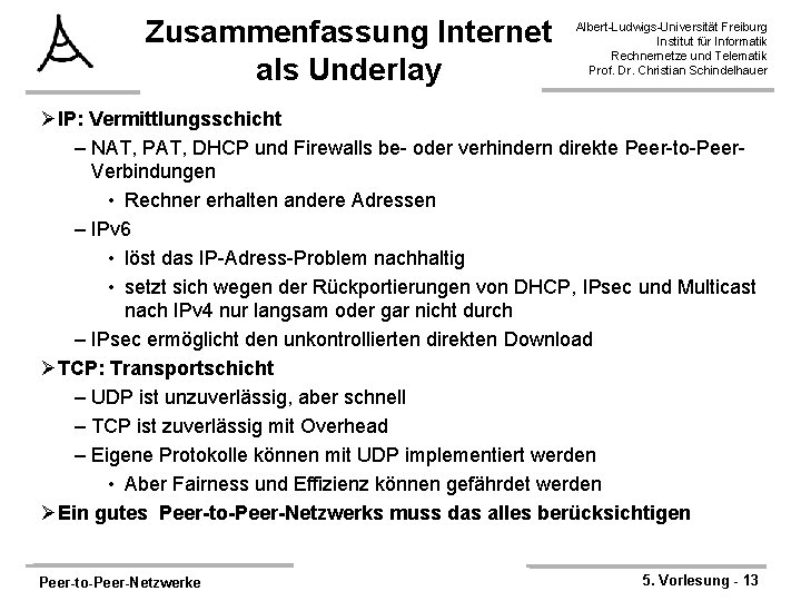 Zusammenfassung Internet als Underlay Albert-Ludwigs-Universität Freiburg Institut für Informatik Rechnernetze und Telematik Prof. Dr.