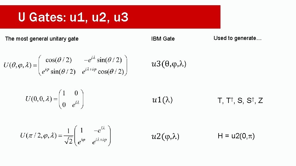 U Gates: u 1, u 2, u 3 The most general unitary gate IBM