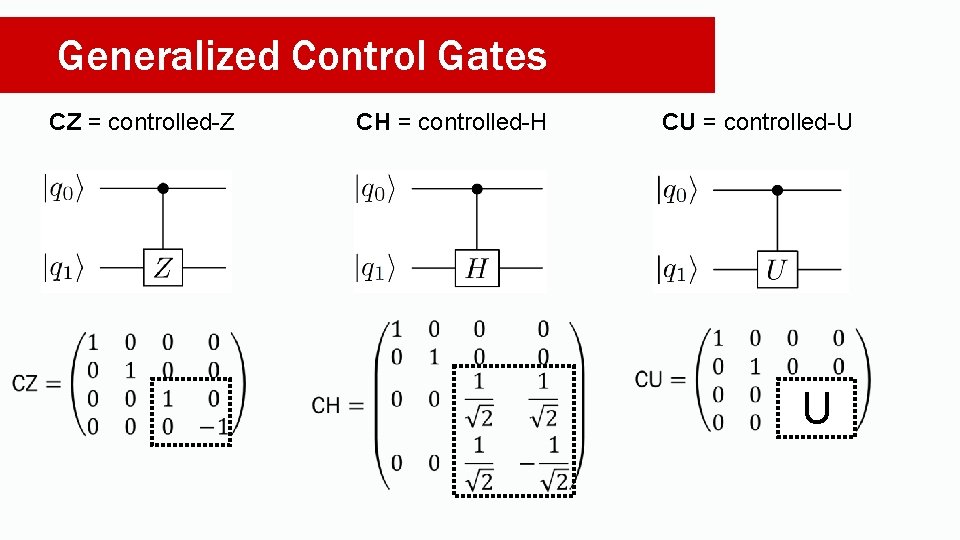 Generalized Control Gates CZ = controlled-Z CH = controlled-H CU = controlled-U U 