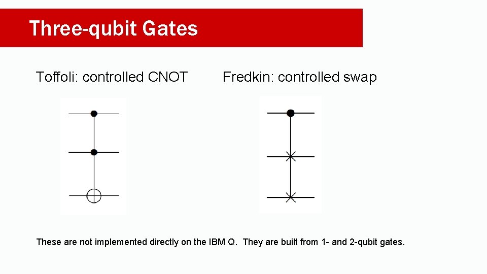 Three-qubit Gates Toffoli: controlled CNOT Fredkin: controlled swap These are not implemented directly on