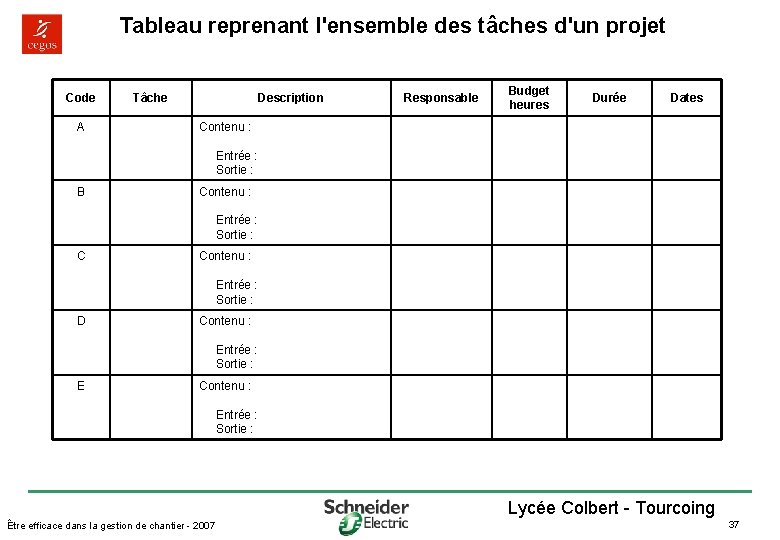 Tableau reprenant l'ensemble des tâches d'un projet Code A Tâche Description Responsable Budget heures