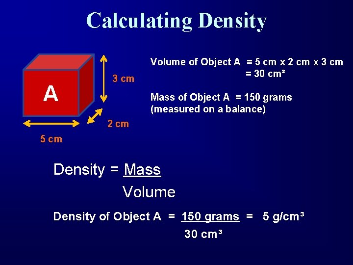 Calculating Density A 3 cm Volume of Object A = 5 cm x 2