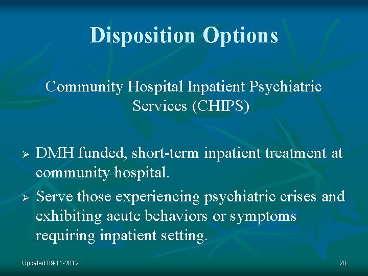 Disposition Options Community Hospital Inpatient Psychiatric Services (CHIPS) Ø Ø DMH funded, short-term inpatient