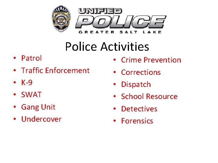  • • • Police Activities Patrol Traffic Enforcement K-9 SWAT Gang Unit Undercover