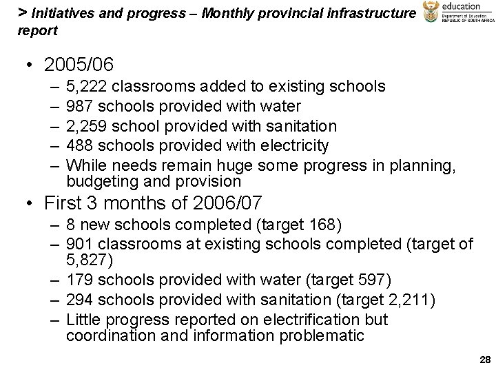 > Initiatives and progress – Monthly provincial infrastructure report • 2005/06 – – –