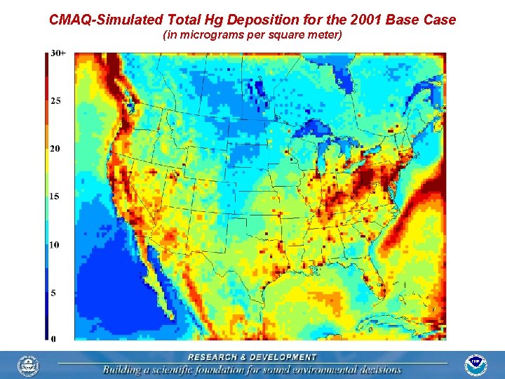 CMAQ-Simulated Total Hg Deposition for the 2001 Base Case (in micrograms per square meter)