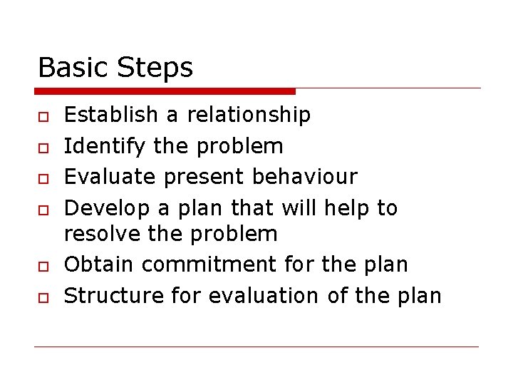 Basic Steps Establish a relationship Identify the problem Evaluate present behaviour Develop a plan