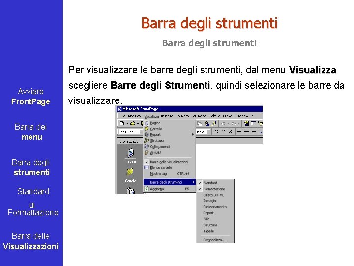 Barra degli strumenti Per visualizzare le barre degli strumenti, dal menu Visualizza Avviare Front.
