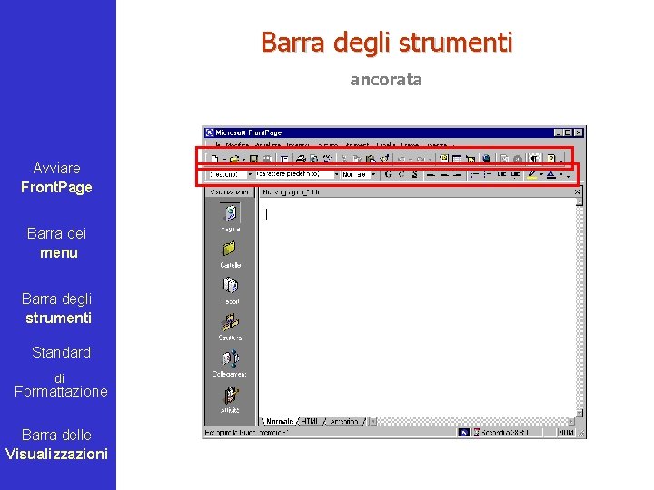 Barra degli strumenti ancorata Avviare Front. Page Barra dei menu Barra degli strumenti Standard