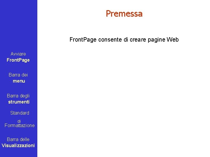 Premessa Front. Page consente di creare pagine Web Avviare Front. Page Barra dei menu