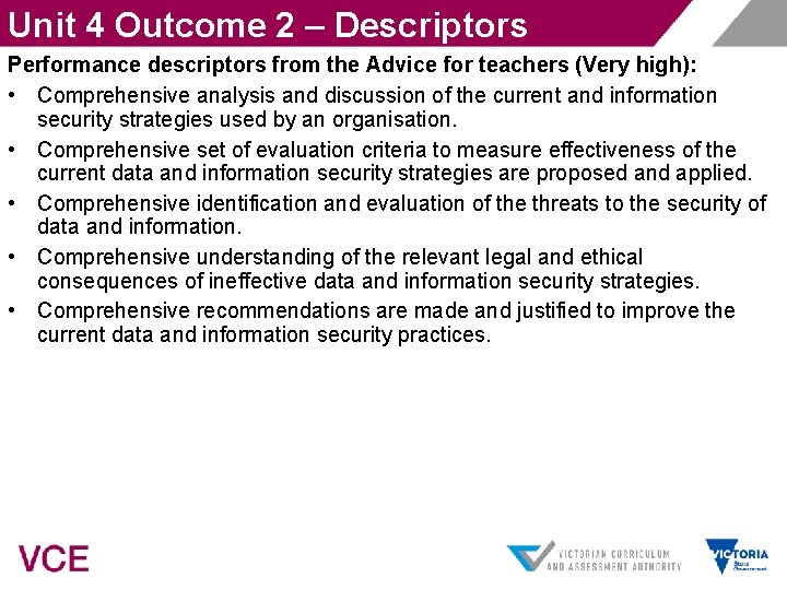 Unit 4 Outcome 2 – Descriptors Performance descriptors from the Advice for teachers (Very