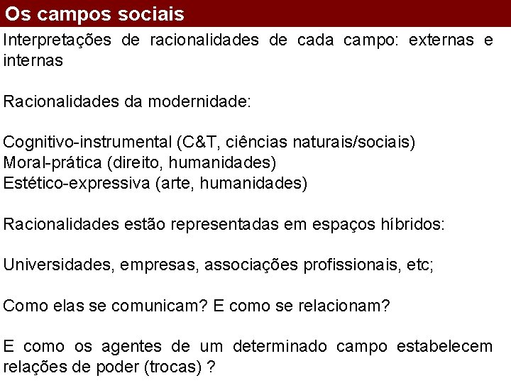 Os campos sociais Interpretações de racionalidades de cada campo: externas e internas Racionalidades da