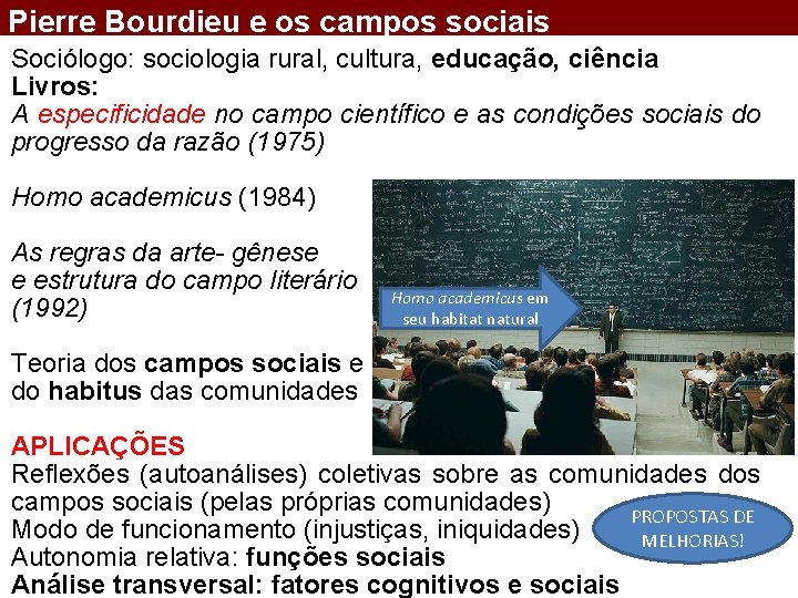 Pierre Bourdieu e os campos sociais Sociólogo: sociologia rural, cultura, educação, ciência Livros: A