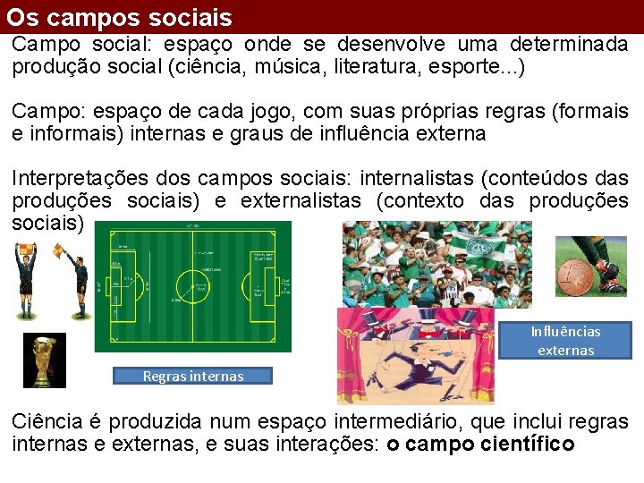 Os campos sociais Campo social: espaço onde se desenvolve uma determinada produção social (ciência,