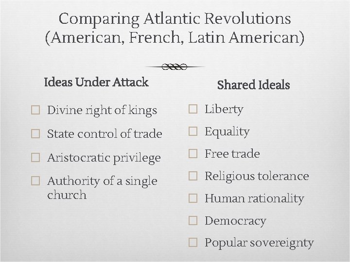 Comparing Atlantic Revolutions (American, French, Latin American) Ideas Under Attack Shared Ideals � Divine